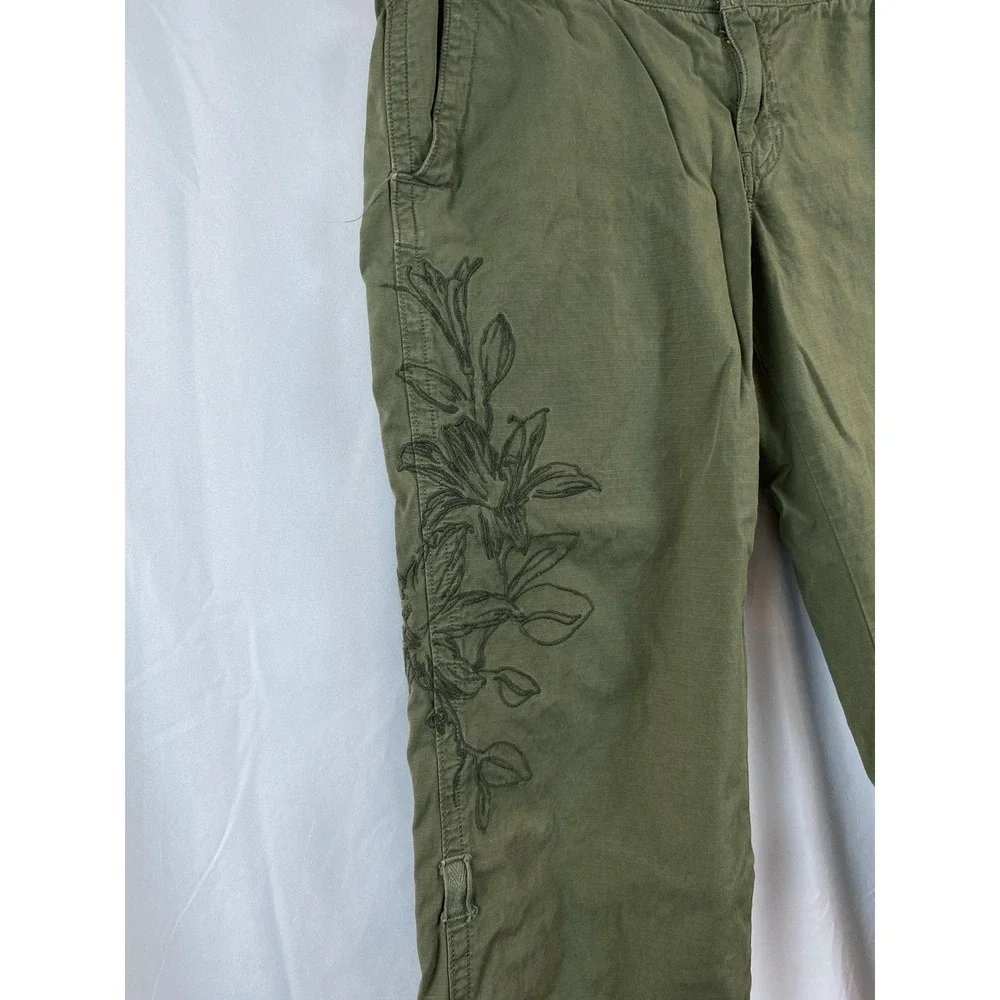 Lucky Brand Olive Green Cropped Cargo Pants with Side Leaf Embroidery